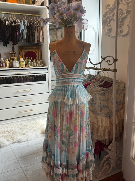 Rococo Sand Dresses & Skirts - Rococo Sand Pastel Blue Floral Lace-Trim V-Neck Maxi Dress